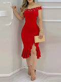Womens Dresses New Summer Fashion Beaded Off Shoulder Ruffles Slit Hem Elegant Plain Short Sleeve Skinny Midi Party Dress