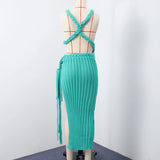 Green Knit Hollow Out Beach Long Dress Women Sexy Halter Backless Sleeveless Split Party Dresses 2025 Summer Lady Holiday Robe