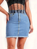 Women Slim-Fit Denim Mid Skirt with Raw Hem Button Zipper Pockets Stretchy Jeans Skirt Casual Light Blue Summer Fashion Skirt