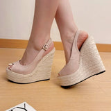 Fashion New Wedges Woven Hemp Rope High Heels Womens Sandals Fish Mouth Platform Back Buckle Strap Thick Soled Shoes Apricot