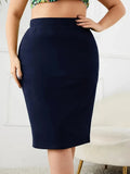 2025 Summer Plus Size Solid Slim Skirt, Casual High Waist Slit Skirt, Women's Plus SizeClothing
