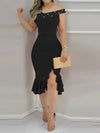 Womens Dresses New Summer Fashion Beaded Off Shoulder Ruffles Slit Hem Elegant Plain Short Sleeve Skinny Midi Party Dress