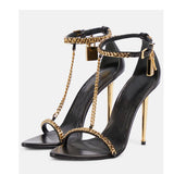 Metal Decor Heeld Sandals Pointed Toe Gold Heels Chain Ankle Buckle Strap Women luxury Designer Shoes Summer Handmade Tacones
