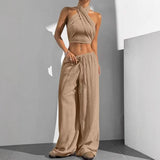 Women's Clothing Summer Casual Solid Color 2 Piece Set New Backless Cross-chest Wrapping Sexy Tank Top & Wide-leg Trousers Pants