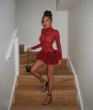 Women Sexy Red 3D Flowers Dress Sets Y2K Fishbone Bandage Adjustable Tube Top Flower Mini Skirt Suit High Street Women Outfits