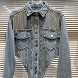 Chic Rhinestoness Tassels Beaded Denim Coat Bareback Diamonds Fringed Jeans Jacket Crystal Cardigan Streetwear Jaquetas