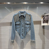 Chic Rhinestoness Tassels Beaded Denim Coat Bareback Diamonds Fringed Jeans Jacket Crystal Cardigan Streetwear Jaquetas