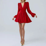 Elegant Women's Red Dresses 2024 Autumn New  Dress V-neck Sexy Short Skirts Parti Elbiseleri Kleider Damen Vestidos Para Festas