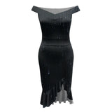 Women'S Party Dress Sexy Off Shoulder Split Ruffle Solid Bodycon Knee-Length Dress Fashion Glitter Party Elegant Dresses Vestido