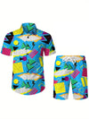 Men 3D Printed Graffiti Pattern Summer Neutral Fashion Casual Rave Party Style Shirt+Short 2 Piece Oversized Hawaiian Shirt Set