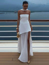 Mozision Elegant Strapless Sexy Maxi Dress For Women Gown With Scarf Off-shoulder Sleeveless Backless Split Beach Long Dress