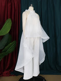 Women Summer White Pant Sets Backless Long Chiffon Blouse Wide Leg Trousers Elegant Ladies Party Vacation Beach 2 Piece Outfits