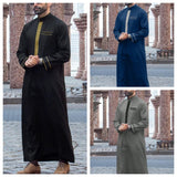 Muslim men's robe long-sleeved ethnic style embroidered stand collar Arabic clothing men's Islamic casual robe
