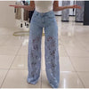 Plus Size Women's Stretch Denim Jeans With Cut-Out Lace Splicing Summer New High Waist Wide Pants Elegant Female Chic Trousers