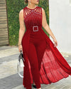 2025 Summer Women's Sexy Round Neck Rhinestone Sheer Mesh Sleeveless Jumpsuit with Belt New Fashion Rompers Womens Jumpsuit