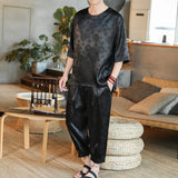 M-5XL Plus Size Mens Ankle Pants Sets 2 Piece Outfits Chinese Style Summer Streetwear Tracksuits Casual Shirt and Pants Set Male