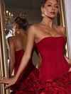 Women Sexy Red 3D Flowers Dress Sets Y2K Fishbone Bandage Adjustable Tube Top Flower Mini Skirt Suit High Street Women Outfits
