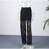 Plus Size Women's Stretch Denim Jeans With Cut-Out Lace Splicing Summer New High Waist Wide Pants Elegant Female Chic Trousers