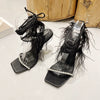 Eilyken New Design Womens Sandals Fashion Fuzzy Feather Summer Transparent High Heels Sexy Nightclub Stripper Shoes Purple Green