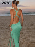 Green Knit Hollow Out Beach Long Dress Women Sexy Halter Backless Sleeveless Split Party Dresses 2025 Summer Lady Holiday Robe