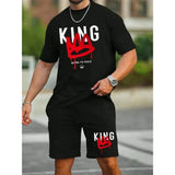 New Men's Short Sleeve Shorts Set Fashion King Printed T-Shirt Shorts 2 Sets of Casual Round Neck Jumper Breathable Sportswear