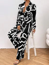 Women Clothing 2024 Autumn New Fashion Print Set Casual Button Collar Shirt Long Sleeved Wide Leg Pants Long Pants Two-piece Set