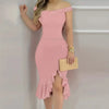 Womens Dresses New Summer Fashion Beaded Off Shoulder Ruffles Slit Hem Elegant Plain Short Sleeve Skinny Midi Party Dress