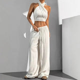 Women's Clothing Summer Casual Solid Color 2 Piece Set New Backless Cross-chest Wrapping Sexy Tank Top & Wide-leg Trousers Pants