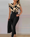 Womens Elegant Slim Two-Piece Sets Summer Fashion Print V Neck Button Flying Sleeve Shirt Top & Solid Long Pants Suits With Belt