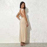 2025 Sexy Two-piece Set V-neck Lace-up Slim Slit Backless Tunic Summer Beach Dress Women Bikini Cover-ups Knit Maxi Dress A2344