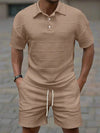 Stylish Short Sleeve Two Pieces Outfits Mens Summer Fashion Plaid Jacquard Lapel Polo Shirt And Shorts Sets Men Two Pieces Suit