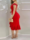 Womens Dresses New Summer Fashion Beaded Off Shoulder Ruffles Slit Hem Elegant Plain Short Sleeve Skinny Midi Party Dress
