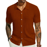 Men's Casual Tops Summer Cool Knitted Men's Shirt Short Sleeve Lapel Solid Color Hollow Breathable Men's Clothing