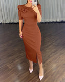 Elegant Party Dresses Women 2024 Summer Casual V-Neck short Sleeve Cinched Waist Rose Decoration Slit Satin French Long Dress