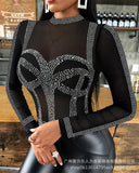 Rheinstone Diamonds Women Blouse Top T Shirt Long Sleeve Summer Fashion Slim