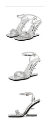 Eilyken Street Style Crystal Diamond Square Toe Womens Sandals Fashion Buckle Strap Strange Heels Summer Shoes