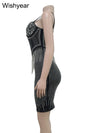 Elegant Evening Birthday Party Dresses for Women Halter Neck Mesh Patchwork Diamonds Rhinestones Prom Club Bodycon Midi Vestidos