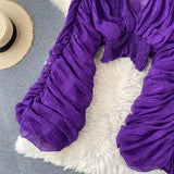 Women Blouse Sexy Deep V Neck Tops Full Puff Sleeve Tight Waist Top Shirts Slim Fit Blouses Elegant Splice Pleated Shirt