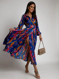 Women's Clothing New Sexy Fashion Casual Commuting Beach Vacation Style Versatile Street Style V-neck Print with Belt Dress