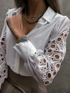 Women's Blouse White blank Elegant V-neck Lace Sleeve Cut-out Patchwork Office Commuter Black Shirt  For Female  S-XXL