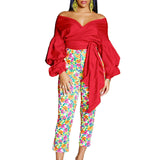 Fashion Blouse for Women 2024 Slash Neck Full Sleeve Sashes Solid Elegant African Ladies Luxury Designer Fashion Shirts Tops