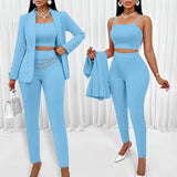 Three Piece Sets Women Pant Set Strapless Y2k Tops Full Sleeve Blazer Turn Down Collar Coats Long Pants High Waist Matching Sets