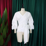 Fashion Blouse for Women 2024 Slash Neck Full Sleeve Sashes Solid Elegant African Ladies Luxury Designer Fashion Shirts Tops