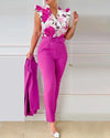 Womens Elegant Slim Two-Piece Sets Summer Fashion Print V Neck Button Flying Sleeve Shirt Top & Solid Long Pants Suits With Belt