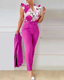 Womens Elegant Slim Two-Piece Sets Summer Fashion Print V Neck Button Flying Sleeve Shirt Top & Solid Long Pants Suits With Belt