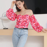 Elegant Floral Blouses For Women Sexy Backless Off Shoulder Crop Top Youth White Blouse Fashion Summer Women Clothing 2024