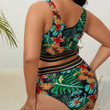 Plus Size Swimsuit Leaves Printed High Waist Two Pieces Bikini Set Swimsuit Female Women Beachwear Swimwear Bather Bathing Suit