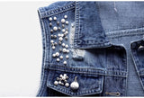 Denim Women Vest Luxury Pearls Fashion Ripped Autumn Jeans Jacket New Causal Waistcoats S-5XL