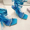 Eilyken New Design Womens Sandals Fashion Fuzzy Feather Summer Transparent High Heels Sexy Nightclub Stripper Shoes Purple Green
