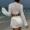 Solid White String Halter Bikinis Sets 4 Pieces Sexy Swimsuit Women Long Sleeve Cover Ups Tops Skirts Swimwear Bikini Beachwear